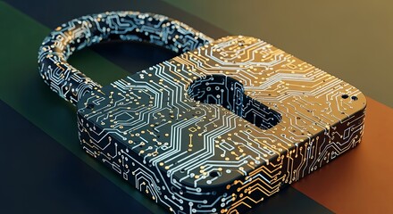 A conceptual image of a padlock with a printed circuit board pattern, symbolizing cybersecurity and digital data protection.
