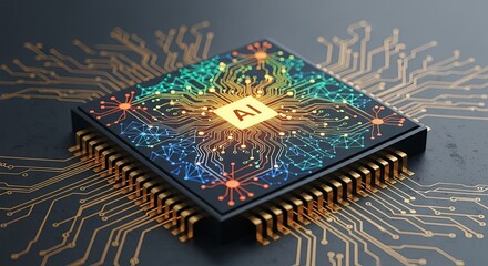 A glowing AI microprocessor chip with intricate, luminous neural network pathways on a circuit board.