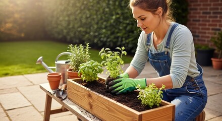 Woman planting herbs in a wooden box in her sunny backyard, enjoying a relaxing gardening hobby and connecting with nature, promoting sustainable living and organic gardening practices