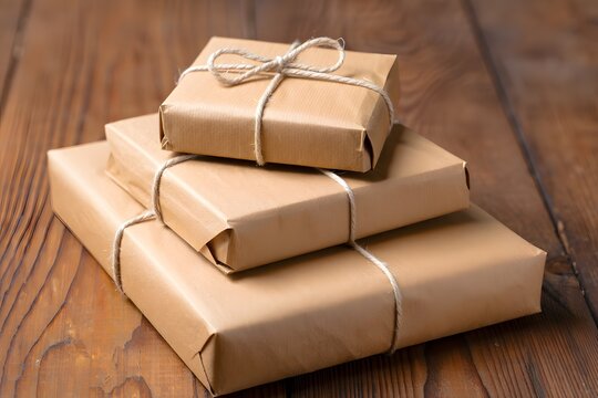 Stacked brown paper packages tied up with string on a wooden table surface close up