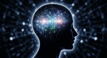 Conceptual image of artificial intelligence showing a glowing neural network inside a human head silhouette.