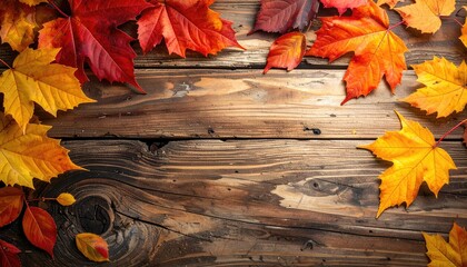 Obraz premium Autumn leaves on rustic wood (1)
