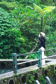 A woman standing on a small bridge surrounded by lush green forest, taking photos near a clear spring with natural tranquility and tropical vegetation.