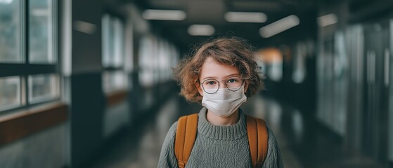 A child wearing a face mask returns to school during the COVID-19 lockdown and quarantine.