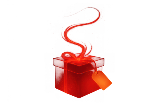 Glowing red gift box with ribbon and blank tag on transparent background, symbolizing surprise and celebration - Powered by Adobe