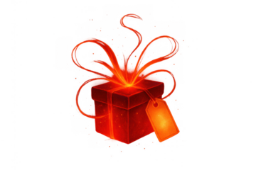 Glowing red gift box generating magical energy for celebration and surprise, transparent background