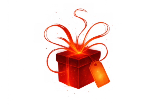 Glowing red gift box generating magical energy for celebration and surprise, transparent background