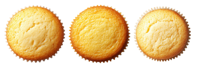 Golden vanilla cupcake in a paper liner, isolated on white transparent background, concept of homemade baking treat