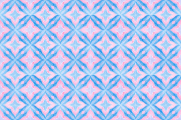 水彩画の青とピンクの幾何学模様、シームレスパターン背景