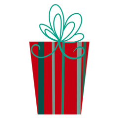 งานศิลปะที่ไม่มีชื่A tall red gift box with green and gray vertical stripes, topped with a stylish teal ribbon bow. The simple and modern design conveys elegance, festivity, and the joy 