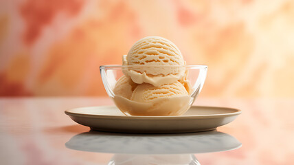 A bowl of vanilla ice cream served in a clear glass dish on a plate with a warm, blurred background.