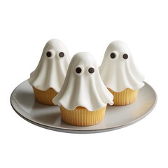 Three ghost cupcakes isolated on white background