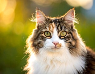 Obraz premium Close-up of a fluffy, multi-colored cat with striking green eyes, bathed in golden sunlight