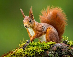 Obraz premium Close-up of a fluffy red squirrel perched on a mossy branch, against a blurry green backdrop