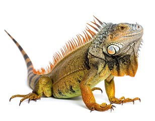 Close-up of a green iguana with orange spines and a long tail, isolated on white