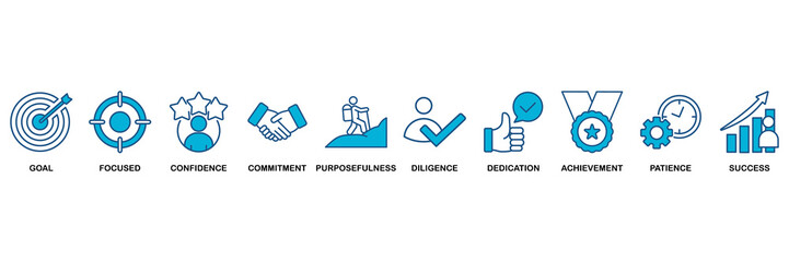 Perseverance icon set Blue Monochrome Flat Design concept for goal, focused, confidence, commitment, purposefulness, diligence, dedication, achievement, patience and success