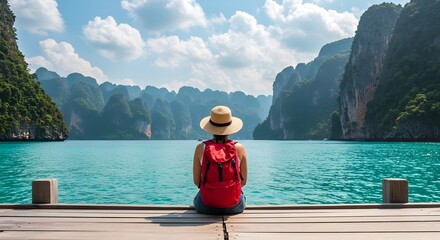 Traveler Enjoying Scenic View of Limestone Cliffs and Turquoise Water from a Dock