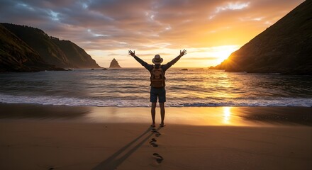 Traveler Embracing a Scenic Ocean Sunset on a Remote Beach