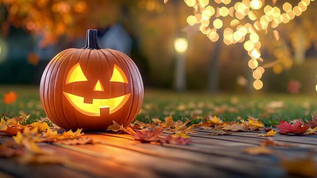 Jack o lantern glowing pumpkin carved pumpkin autumn leaves fall decor spooky night wooden deck outdoor lights bokeh background cozy ambiance warm