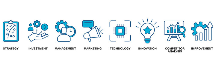 Business development icon set Blue Monochrome Flat Design concept for strategy, investment, management, marketing, technology, innovation, competitor analysis, improvement