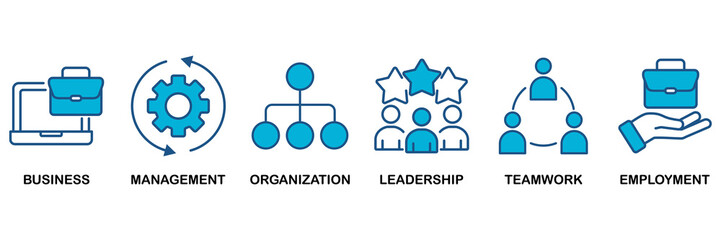 Business management icon set Blue Monochrome Flat Design concept for business, management, organization, leadership, teamwork and employment