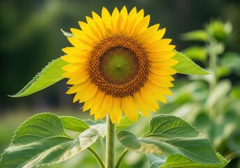 Bright yellow sunflower blooming in a lush green garden on a sunny day