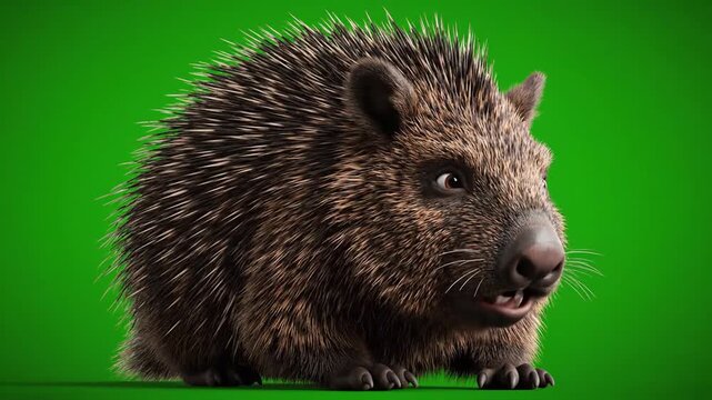 Grumpy porcupine shuffles quills in 3D animation on green screen background