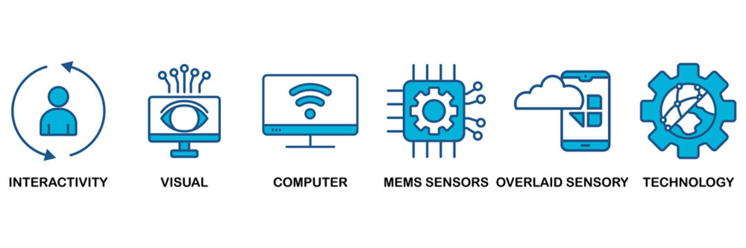 Augmented reality icon set Blue Monochrome Flat Design concept for interactivity, visual, computer, mems sensors, overlaid sensory and technology