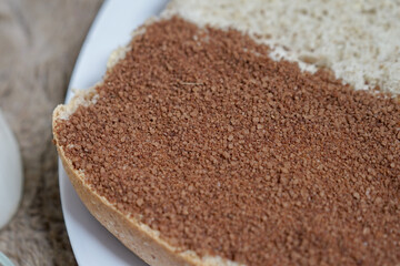Bread with choco and butter on a plate for breakfast	

