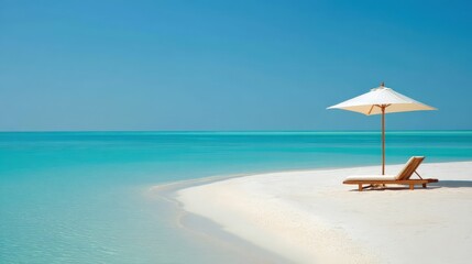 Fototapeta premium A serene beach scene featuring a lounge chair under an umbrella, with crystal-clear turquoise waters and a soft white sand shoreline.