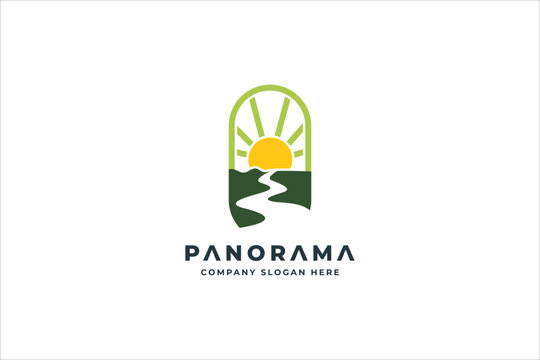 Sea Lake River Evergreen Forest Mountain Landscape Silhouette for outdoor adventure logo design