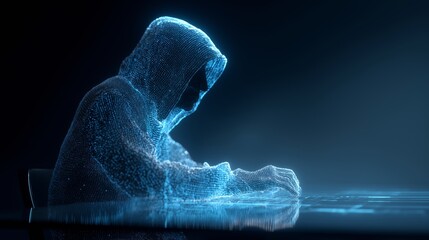 Futuristic concept of an anonymous hacker composed of glowing blue digital particles in a dark cyber environment. The image represents data protection, cybersecurity, and advanced technology themes