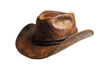 Aged leather cowboy hat with braided band isolated on a transparent background