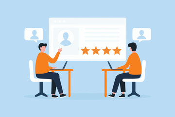 Two people using laptops to review a profile with star ratings and feedback bubbles
