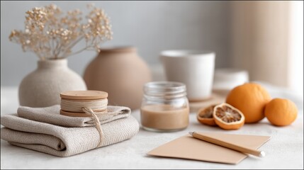 Description:
Soft neutral still life with linen fabrics, dried citrus, string roll, and ceramic vases in daylight. The image reflects calm lifestyle aesthetics, eco design, and natural home decor insp