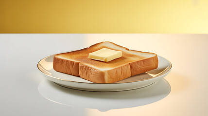 Toasted bread with a pat of butter on a white plate against a yellow background