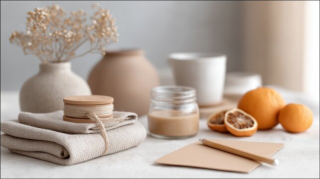 Description:
Soft neutral still life with linen fabrics, dried citrus, string roll, and ceramic vases in daylight. The image reflects calm lifestyle aesthetics, eco design, and natural home decor insp