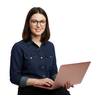 Smiling Woman with Laptop, Denin Shirt and Glasses Posing on an Isolated Background