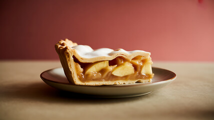 A slice of apple pie with a flaky crust and caramelized filling on a plate