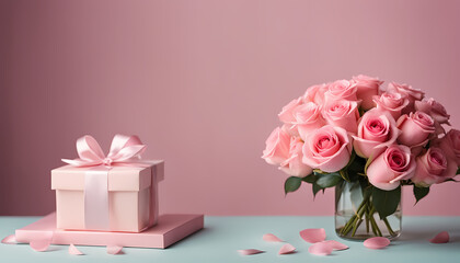Beautiful bouquet of pink roses next to a gift box on a pastel background showcasing love and celebration Generative AI