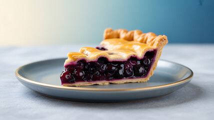 A slice of blueberry pie with a golden crust served on a gray plate