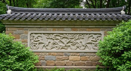 Fototapeta premium Ancient Chinese Wall with Carvings and Lush Greenery.