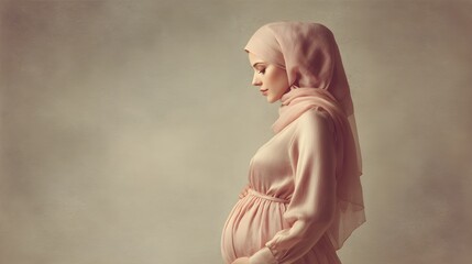 A serene pregnant woman in a soft pink dress and matching hijab cradles her belly, her profile capturing a moment of anticipation. The neutral background enhances her natural glow and tranquility.