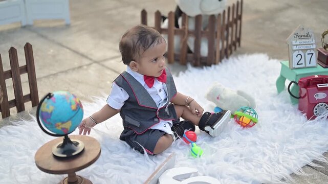 An adorable baby crawling on a soft white rug in an outdoor photoshoot setup, surrounded by decorative props such as a vintage telephone, wooden fence, stuffed toy, Eiffel Tower model, and date calend
