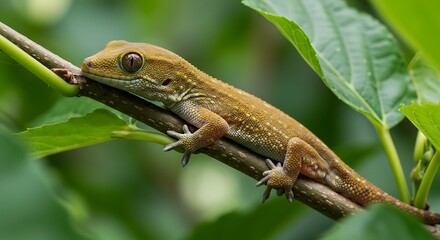 Close-up of a reptile resting on a tree branch, surrounded by lush green foliage