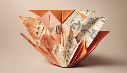 Intricate origami bowl showcasing various paper patterns in soft pastel colors on a neutral background Generative AI