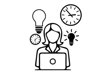 silhouette of a woman with laptop time is money concept with clock and bulb 
