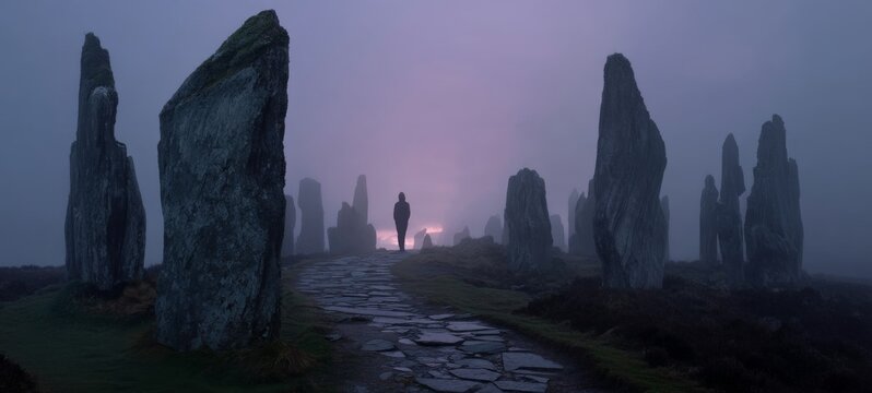 Narrow winding path through Scottish Highlands with leaning standing stones, rolling mist, faint glow behind clouds, and a mysterious floating silhouette in a surreal landscape