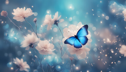 Beautiful blue butterfly resting on flowers in a serene garden setting with soft bokeh background Generative AI