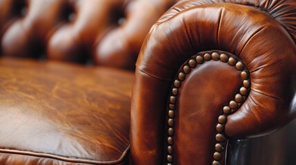 Luxurious brown leather armchair detail, tufted upholstery, classic design, blurred background